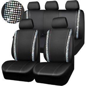 CAR PASS Bling Car Seat Covers Full Set, Shining Rhinestone Diamond Waterproof Faux Leather, Rear with Zipper, Universal Fit 95% Automotive Glitter Crystal Sparkle Strips for Cute Women Girl, Black