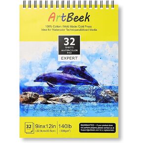 ArtBeek Watercolor Pad 9x12 Inch, 32 Sheets (140lb/300gsm), 100% Cotton Watercolor Paper,Cold Pressed,Acid-Free, Art Sketchbook Pad for Painting & Drawing, Wet, Mixed Media