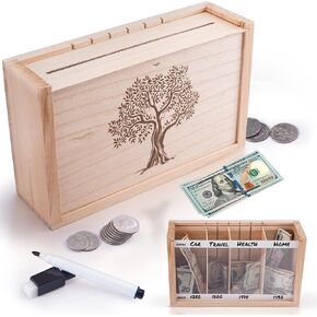 Wooden Piggy Bank for Adults and Kids | Customizable Money Saving Box with Dividers & Acrylic Front | Large Piggy Bank for Boys and Girls | Modern Money Box | Perfect for 10k Savings Challenge