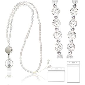 Viqwyic Bling حبل قابلة للسحب للنساء ، مثالي لشارات الهوية والمفاتيح ، حبل الخرز القابل للتعديل مع بكرة الشارة وحامل الهوية للمعلم ، ممرضة ، عامل مكتب ، فضية
