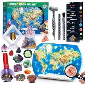 World Map Gemstone Dig Kit - Gem Rocks Toys للأولاد البالغ من العمر 6 سنوات وأعلى ، لعبة Dig Fossil لمجموعة Rocks ، وحفر الهدايا لأطفال Boys Girls ، و Rocks Exhavation Kit for Kids Birthday Gift