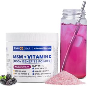 غصين وورقة MSM + مسحوق فيتامين C - مسحوق MSM لنمو الشعر وقوة الأظافر - مكمل Wildberry MSM للنساء والرجال - مسحوق الكبريت MSM 30 حصة غير معدل وراثيًا وخالي من الغلوتين - 7.9 أونصة