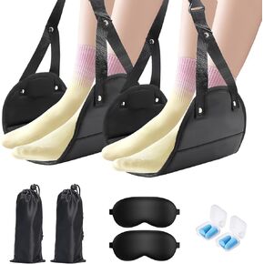 Long Flight Rest Set - Adjustable Airplane Foot Rest with Eye Mask and Earplugs, Memory Foam Foot Sling for Air Plane Travel, Portable Leg Hammock for Flights