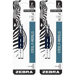 Zebra F-Series Ballpoint Stainless Steel Pen Refill, Medium Point, 1.0mm, 2-Count, Various Color (Pack of 2)