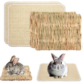 4 Pcs Rabbit Scratcher Mat, Rabbit Grass Mats for Rabbits Cage Accessories, Natural Sisal Cat Rabbit Scratching Pad, Natural Hay Woven Bed Mat for Bunny Cats Guinea Pig