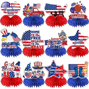 12pcs Memorial Day Decorations Honeycomb Centerces ، 3D Double Side Memorial Day Decorations ، Blue Red Memorial Day Centerples for Tables ، Memorial Day Decoritions for Office Decor