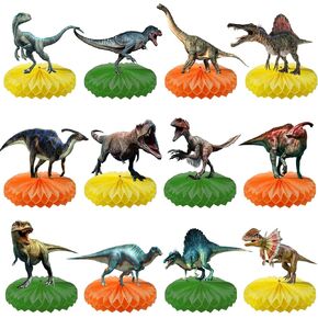 12 PCS Dinosaur Birthday Party Supplies ، Dinosaur عيد ميلاد ديكورات الديناصورات المركزية لعيد الميلاد حفلة ثلاثية الأبعاد Dino Honeycomb Decorations Jungle Thail