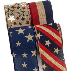 Ribbli Rustic Nipbon Wired ، 4 Rolls Stars and Stripes Burlap Ribbon ، 2-1/2 inch Total 60 Feets (20 yard