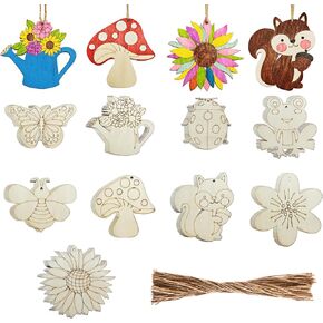 54 Pcs Wooden Spring Ornaments to Paint, DIY Unfinished Wood Slices Flower Cutouts Butterfly Ornament for Art Crafts with 9 Styles, DIY Wooden Ornaments Hanging Decorations Kit