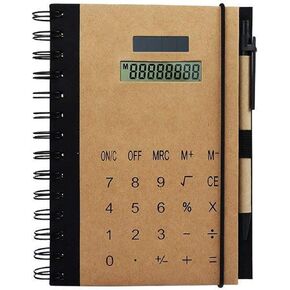 Maizoon Multifunctional Spiral Notebook with Solar Calculator and Pen 18 * 13 CM/7.09 * 5.12 Inch Creative Minimalist Kraft Paper Portable Stationery Diary Notepad