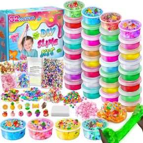 32 CUPS DIY SLIME KIT ، مجموعة صنع الوحل للفتيات ، الوحل الصافي الكريستالي ، التوهج في الوحل المظلم مع الإضافات الإضافية ، كرات الرغوة ، السحر ، حفل الوحل تفضل ألعاب الهدايا للأطفال 3-12