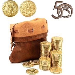 100 Metal Fantasy Coins with PU Fake Leather Pouch, Gold DND Coins for Board Game, Golden Game Tokens Store in The Coins Bag, DND Accessories for from New to Master, Retro Board Game Gifts for DM
