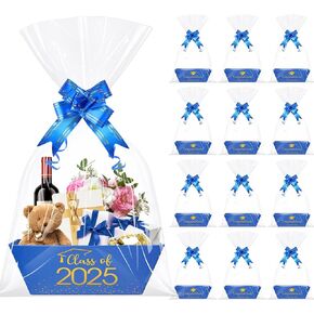 Mashan 12 Set Class of 2025 Higets Higets ، Kraft Sturdy Kraft Freef Gift Saterge مع أكياس Cellophane واضحة ، سحب أقواس لعام 2025 زخرفة وإمدادات التخرج (الأسود والذهبي)