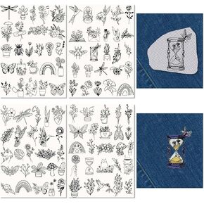 CRASPIRE 100Pcs Flowers Plants Insect Water Soluble Embroidery Patterns Stabilizers Butterfly Hand Sewing Stick and Stitch Transfers Fabric Wash Away Pre-Printed Adhesive for Bags Cloth Sewing Lovers