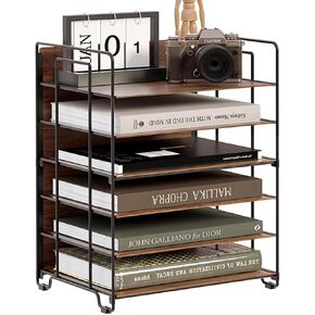 LUCYCAZ Wood Desk Organizer - 6 Tier Paper Letter Tray Organizer with Handle,File Organizer for Letter/A4, Metal Paper Storage for Home, Office, School - Black