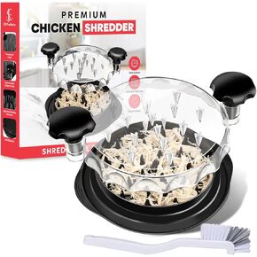 ES Premium Chicken Shredder - Large Meat Shredder Tool with Brush - Transparent, BPA Free, Ergonomic Handle, Anti-Slip Design for Pork (Black)