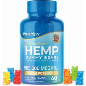 WELLUTION Hemp Gummies 985,000 High Potency - Fruity Gummy Bear with Hemp Oil. Natural Hemp Candy Supplements - Nutritional Value & Great Taste