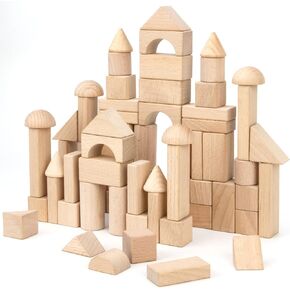 Wooden Building Blocks Set, 80 PCS Natural Wood Stacking Block Toy with Carrying Bag, Montessori Learning Birthday Gifts for 3 4 5 Year Olds Toddlers Kids Boys Girls Children