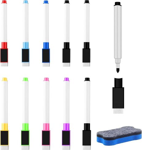amassan 10 Pack Magnetic Dry Erase Markers with Eraser - Assorted Colors Fine Tip Whiteboard Markers for Teachers, Office & School Supplies (Includes 1 Magnetic Eraser) in Saudi Arabia