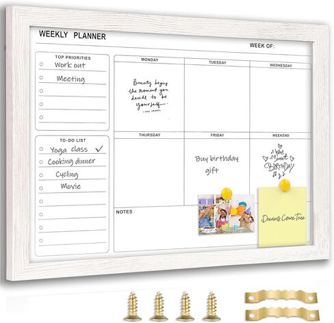 White Board Weekly Calendar Dry Erase Planner for Wall-16"X12",White Solid Wood Frame,Minimal/Modern Design, Magnetic Whiteboard Planner for to Do List, Memo, School, Home, Office, Kitchen in Kuwait