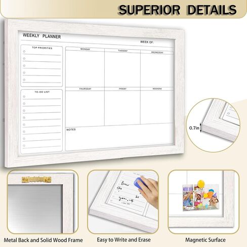 White Board Weekly Calendar Dry Erase Planner for Wall-16"X12",White Solid Wood Frame,Minimal/Modern Design, Magnetic Whiteboard Planner for to Do List, Memo, School, Home, Office, Kitchen in Kuwait