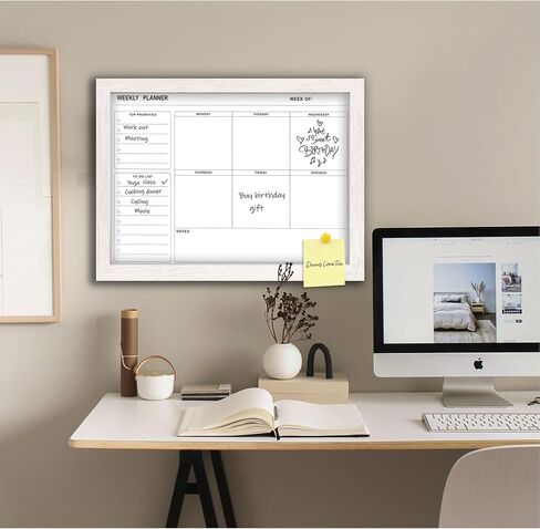 White Board Weekly Calendar Dry Erase Planner for Wall-16"X12",White Solid Wood Frame,Minimal/Modern Design, Magnetic Whiteboard Planner for to Do List, Memo, School, Home, Office, Kitchen in Kuwait