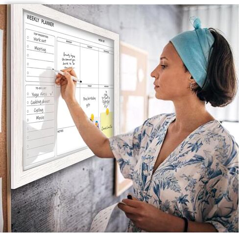 White Board Weekly Calendar Dry Erase Planner for Wall-16"X12",White Solid Wood Frame,Minimal/Modern Design, Magnetic Whiteboard Planner for to Do List, Memo, School, Home, Office, Kitchen in Kuwait