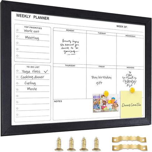 White Board Weekly Calendar Dry Erase Planner for Wall-16"X12",White Solid Wood Frame,Minimal/Modern Design, Magnetic Whiteboard Planner for to Do List, Memo, School, Home, Office, Kitchen in Kuwait
