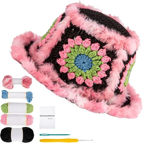 Noocro Crochet Kit for Beginners or Intermediate Level, Fuzzy Granny Square Bucket Hat, Step by Step Video Tutorial, Detailed Instruction Complete Kit Craft Supplies Holiday Gift in Kuwait