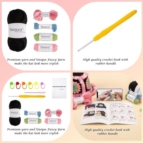 Noocro Crochet Kit for Beginners or Intermediate Level, Fuzzy Granny Square Bucket Hat, Step by Step Video Tutorial, Detailed Instruction Complete Kit Craft Supplies Holiday Gift in Kuwait
