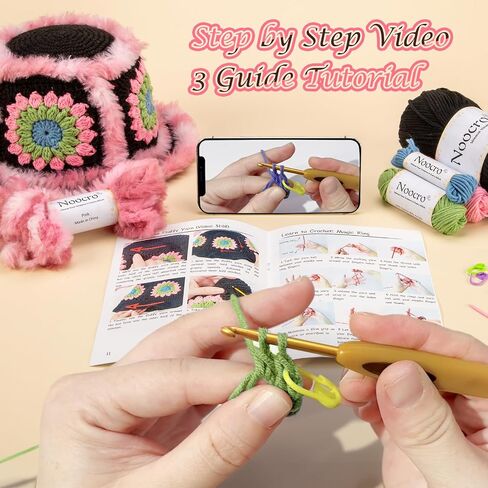 Noocro Crochet Kit for Beginners or Intermediate Level, Fuzzy Granny Square Bucket Hat, Step by Step Video Tutorial, Detailed Instruction Complete Kit Craft Supplies Holiday Gift in Kuwait