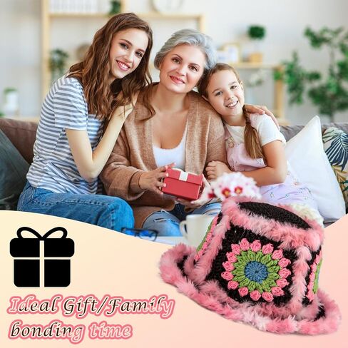 Noocro Crochet Kit for Beginners or Intermediate Level, Fuzzy Granny Square Bucket Hat, Step by Step Video Tutorial, Detailed Instruction Complete Kit Craft Supplies Holiday Gift in Kuwait