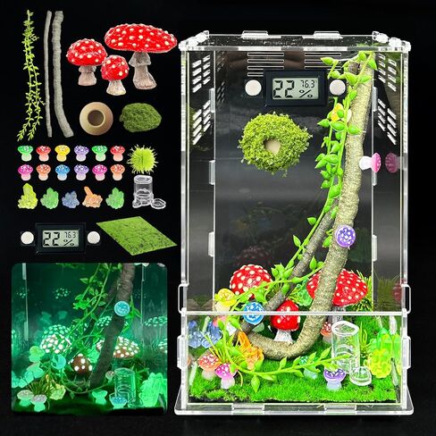 Jumping Spider Enclosure,DIY Insects Habitat,Small Reptile Terrarium Glass House Accessories Set,with Temperature and Humidity Detector Water Feeder Platform Hide,5.5“x5.5"x9.5“ (Forest) in Saudi Arabia