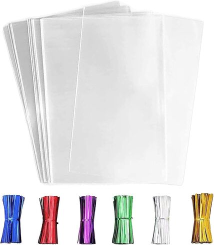 100Pcs Cellophane Treat Bags 3 X 11 Inch Clear Long Flat Gift Wrap Clear Pretzel Bags with 6 Mix Colors Twist Cake Pop Cello Goodie Treat Party Cookies Packaging in Kuwait