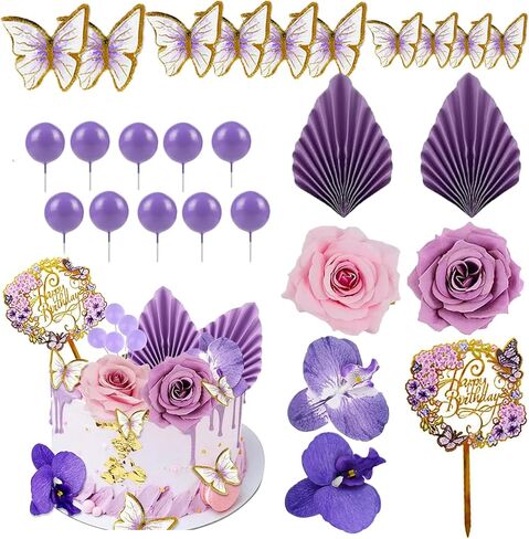 27 PCS Flower Cake Toppers Acrylic Cake Toppers Happy Birthday Butterfly Palm Leaves Dessert Decoration for Birthday Party Wedding Baby Shower Supplies(Pink Purple) in Kuwait