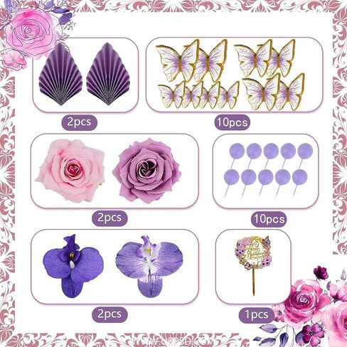 27 PCS Flower Cake Toppers Acrylic Cake Toppers Happy Birthday Butterfly Palm Leaves Dessert Decoration for Birthday Party Wedding Baby Shower Supplies(Pink Purple) in Kuwait