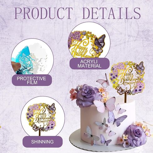 27 PCS Flower Cake Toppers Acrylic Cake Toppers Happy Birthday Butterfly Palm Leaves Dessert Decoration for Birthday Party Wedding Baby Shower Supplies(Pink Purple) in Kuwait