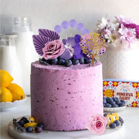 27 PCS Flower Cake Toppers Acrylic Cake Toppers Happy Birthday Butterfly Palm Leaves Dessert Decoration for Birthday Party Wedding Baby Shower Supplies(Pink Purple) in Kuwait