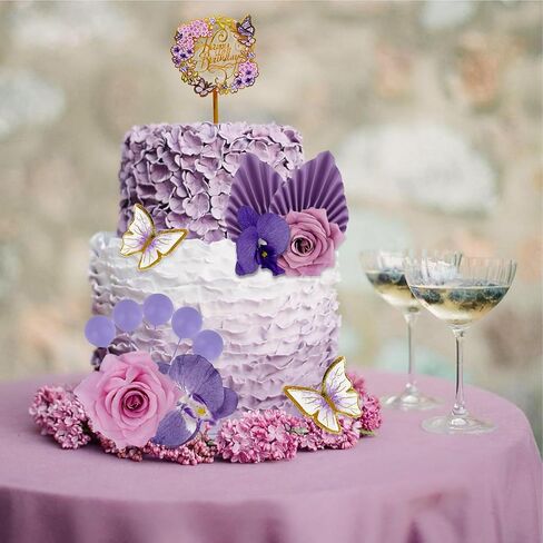 27 PCS Flower Cake Toppers Acrylic Cake Toppers Happy Birthday Butterfly Palm Leaves Dessert Decoration for Birthday Party Wedding Baby Shower Supplies(Pink Purple) in Kuwait