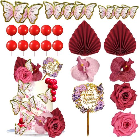 27 PCS Flower Cake Toppers Acrylic Cake Toppers Happy Birthday Butterfly Palm Leaves Dessert Decoration for Birthday Party Wedding Baby Shower Supplies(Pink Purple) in Kuwait