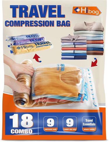 HIBAG 12 Compression Bags for Travel, Travel Essentials Compression Bags, Vacuum Packing Space Saver Zipper Bags for Cruise Travel Accessories (12-Travel) in Kuwait