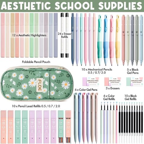65PCS Aesthetic School Supplies with Cute Pencil Case, Pastel Highlighters Gel Pens Mechanical Pencils Set 0.5 0.7 & 2.0mm, Office Back to School Supplies College Essentials Kit Student Stationary Set in Saudi Arabia