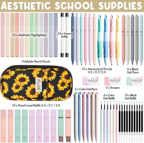 65PCS Aesthetic School Supplies with Cute Pencil Case, Pastel Highlighters Gel Pens Mechanical Pencils Set 0.5 0.7 & 2.0mm, Office Back to School Supplies College Essentials Kit Student Stationary Set in Saudi Arabia