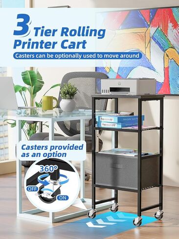 4-Tier Printer Stand with Fabric Drawer, Large Printer Table with Storage Shelf, Side Table for Home Office Small Spaces Organization, Black in Saudi Arabia