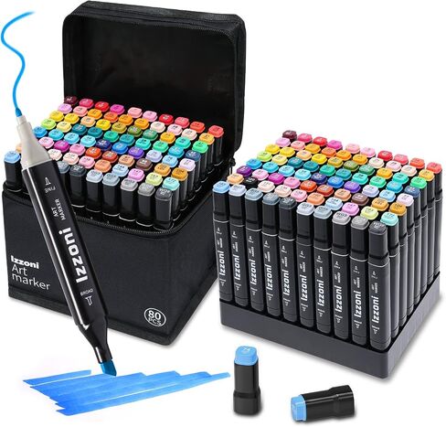 80 Colors Alcohol Markers Set, Dual Tip (Fine & Chisel) Coloring Markers, Permanent Art Drawing Marker for Kids Sketching Adult Coloring with Case and Holders (80 Colors - Black) in Saudi Arabia