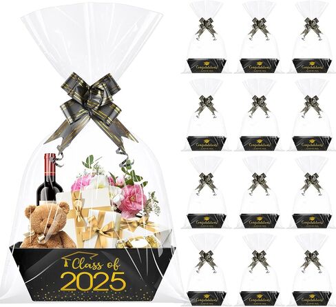 MASHAN 12 Set Class of 2025 Graduation Gifts Baskets,Sturdy Kraft Empty Gift Basket Set with Clear Cellophane Bags, Pull Bows for 2025 Graduation Party Decoration and Supplies(Black and Gold) in Saudi Arabia