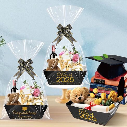 MASHAN 12 Set Class of 2025 Graduation Gifts Baskets,Sturdy Kraft Empty Gift Basket Set with Clear Cellophane Bags, Pull Bows for 2025 Graduation Party Decoration and Supplies(Black and Gold) in Saudi Arabia
