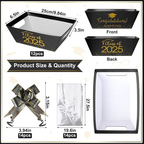 MASHAN 12 Set Class of 2025 Graduation Gifts Baskets,Sturdy Kraft Empty Gift Basket Set with Clear Cellophane Bags, Pull Bows for 2025 Graduation Party Decoration and Supplies(Black and Gold) in Saudi Arabia