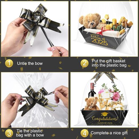 MASHAN 12 Set Class of 2025 Graduation Gifts Baskets,Sturdy Kraft Empty Gift Basket Set with Clear Cellophane Bags, Pull Bows for 2025 Graduation Party Decoration and Supplies(Black and Gold) in Saudi Arabia