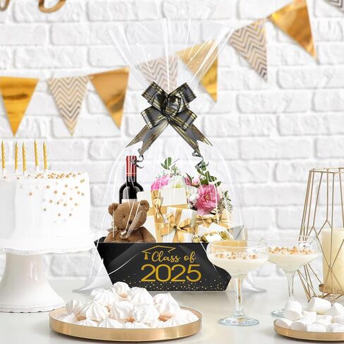 MASHAN 12 Set Class of 2025 Graduation Gifts Baskets,Sturdy Kraft Empty Gift Basket Set with Clear Cellophane Bags, Pull Bows for 2025 Graduation Party Decoration and Supplies(Black and Gold) in Saudi Arabia